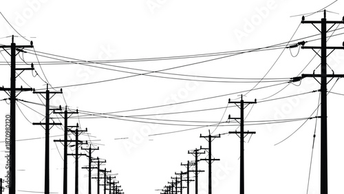 Black silhouette of utility poles with messy electrical power lines, urban overhead cable infrastructure, industrial wire network, telecommunication street 