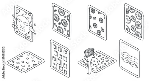 A collection of various dessert elements including cookies and pastries in a clean outline vector style, ideal for baking and culinary projects