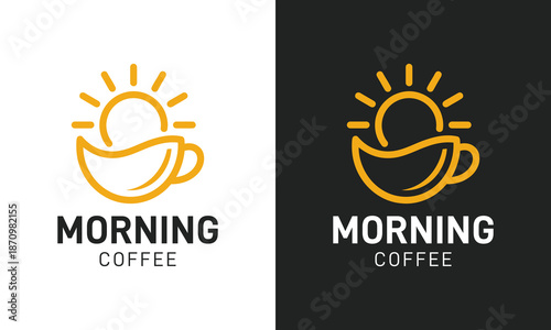 PrintCoffee morning logo design vector illustration. Coffee cup design graphic with Sun design line style. Icon, symbols, creative