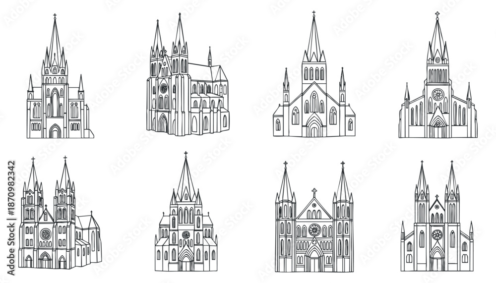 Obraz premium A collection of nine detailed gothic cathedrals in black and white outline vector style, ideal for architectural design projects