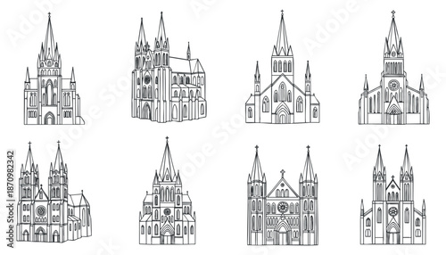 A collection of nine detailed gothic cathedrals in black and white outline vector style, ideal for architectural design projects