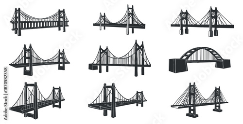 A collection of various bridge designs in black and white outline vector style, suitable for engineering and architecture projects