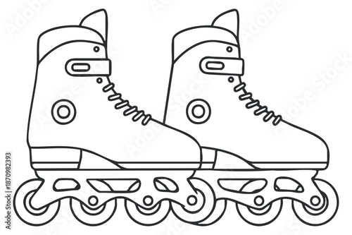 A pair of inline roller skates in black and white outline vector style, ideal for sports and fitness branding