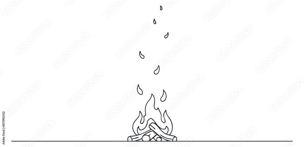 Obraz premium A minimalist line art illustration of a campfire with flames and smoke in outline vector style, suitable for outdoor themes