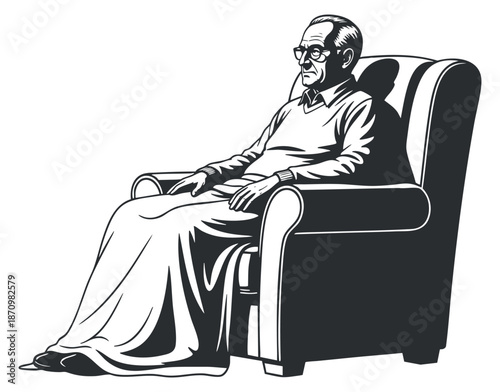 An elderly man sitting comfortably in an armchair with a blanket in a black and white vector style, perfect for lifestyle illustrations