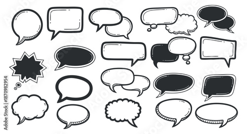 A collection of various speech bubbles and dialogue icons in black and white outline vector style, perfect for graphic design projects