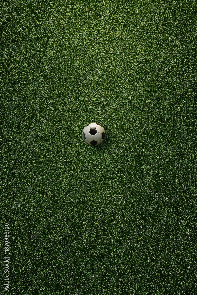 Obraz premium Overhead view of a classic black and white soccer ball centered on a lush green artificial turf field