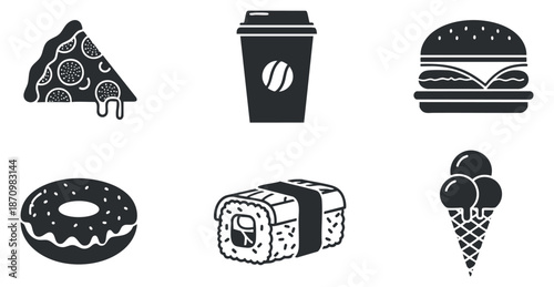 A collection of food icons including pizza, coffee cup, burger, donut, sushi roll, and ice cream cone in black and white minimalist vector style, perfect for food-related branding and design