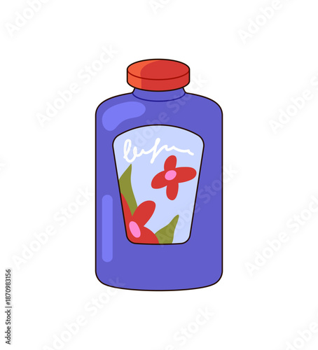 Icon of plastic bottle of water. Closed package of refreshing beverage. Violet container of sparkling soft drink, farm dairy or fresh juice. Flat isolated vector illustration on white background.