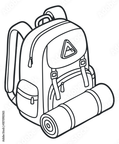 A hiking backpack with a sleeping mat in minimalist black outline vector style, perfect for outdoor adventure themes