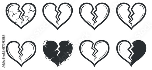 A collection of broken heart icons in black and white outline vector style, suitable for emotional design themes