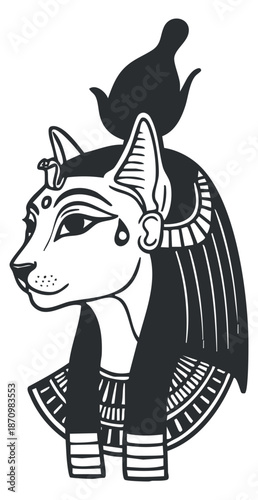 An illustration of an Egyptian cat goddess in black and white outline vector style, suitable for cultural art projects