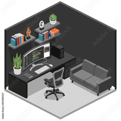 Modern Office Workspace with Desk and Sofa.