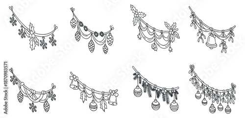 A collection of decorative garlands featuring pinecones, leaves, and bells in black and white outline vector style, perfect for holiday designs