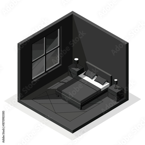 3D Render of Modern Minimalist Bedroom Interior.