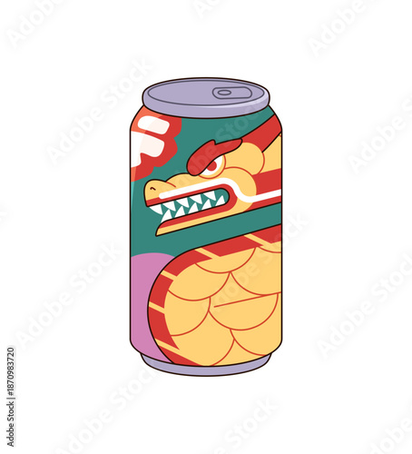 Steel can of soda. Carbonated beverage in aluminum package with dragon. Metal bottle of sparkling soft or energy drink. Refreshing water with bubbles. Flat isolated vector illustration on white.