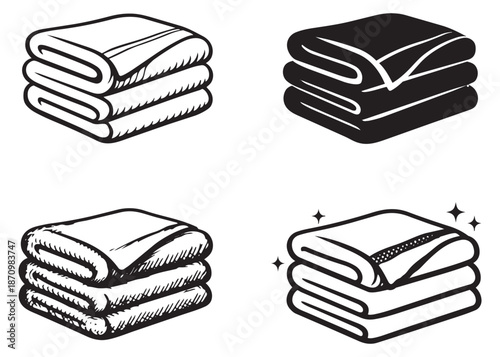 Hand drawn and line art towel set featuring stacked clean laundry for hygiene and home concepts