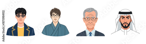 Four diverse male portraits: asian young adult, asian mature, caucasian elderly, middle-eastern adult