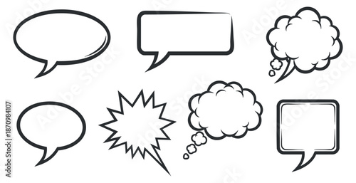 A collection of various speech bubbles and dialogue boxes in outline vector style, perfect for communication and graphic design projects