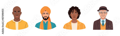 Diverse portraits: african male, asian male, hispanic young female, caucasian elderly male