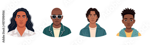 Illustrated portraits of diverse young males: caucasian, african, hispanic