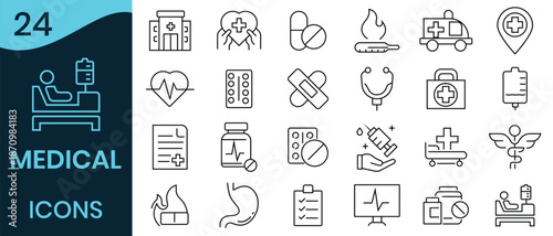 Medical icon set. Medical care and hospital editable outline icon. Medicine related icons doctor, ambulance, treatment, medicine, hospital, treatment, healthcare, nurse and more. Vector illustration. 