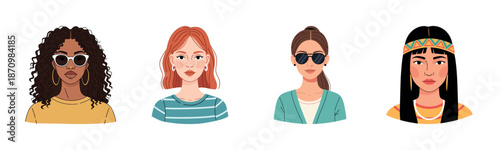 Diverse female characters: african, caucasian, hispanic, and asian heritage