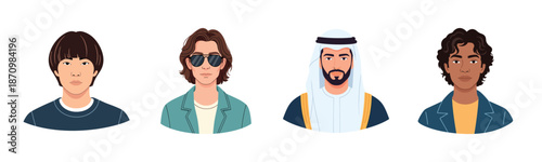 Diverse male portraits: asian teen, caucasian young adult, middle-eastern young adult, african young adult