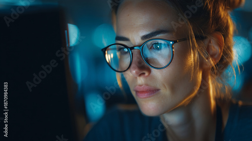 A woman with glasses is looking at a computer screen