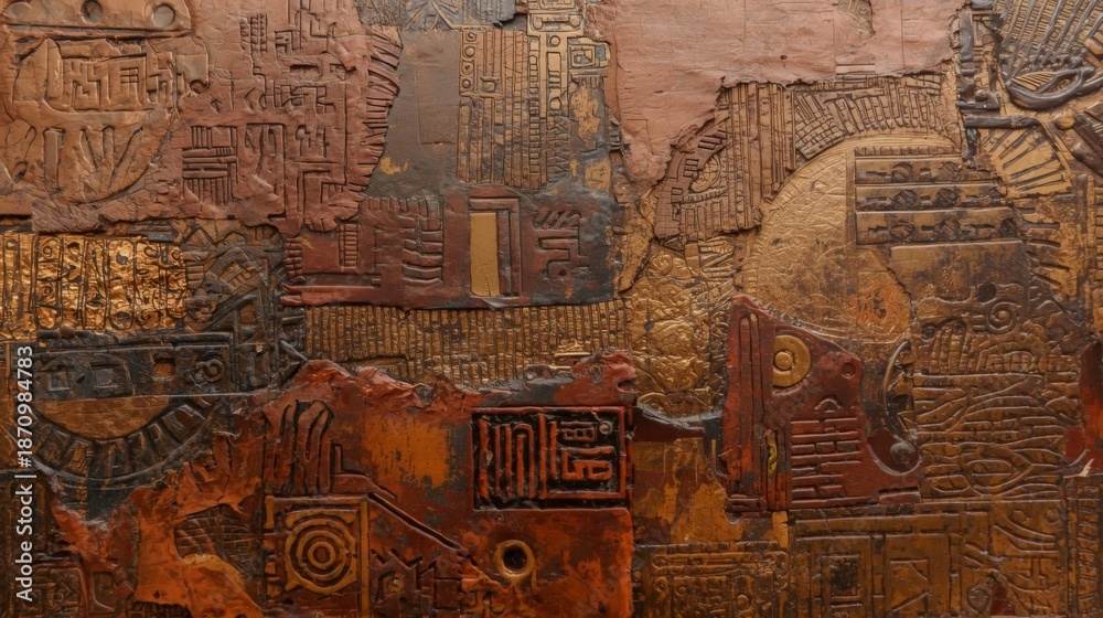 Fototapeta premium extured abstract painting textile patterns, heavy layered paint, stone-like surface, earthy browns and clay reds