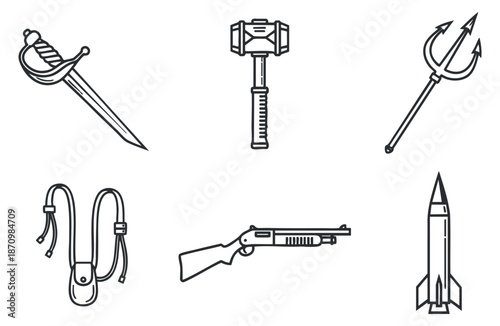A collection of various weapons including a sword, hammer, trident, shotgun, and rocket in minimalist black and white vector style, suitable for graphic design projects