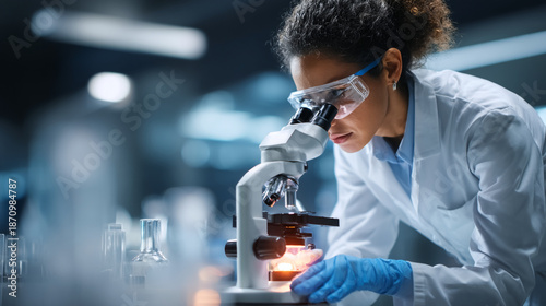 A scientist in a lab coat examining a sample under a microscope