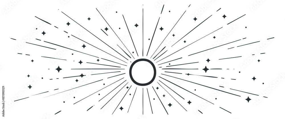 Obraz premium A sunburst design with radiating rays and stars in black and white minimalist vector style, ideal for festive graphics and backgrounds