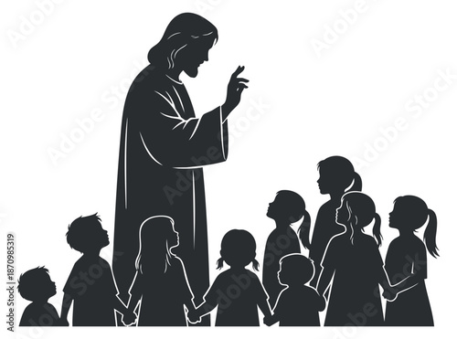 A silhouette of Jesus teaching a group of children in black and white vector style, ideal for religious education and community projects
