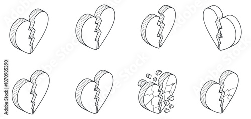 A set of broken heart illustrations in minimalist outline vector style, suitable for emotional design projects and relationship themes