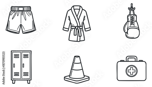 A collection of fitness and sports icons including shorts, robe, boxing gloves, locker, traffic cone, and first aid kit in clean outline vector style, suitable for health and wellness projects