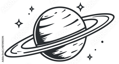A stylized illustration of a planet with rings and stars in black and white vector style, suitable for space-themed designs