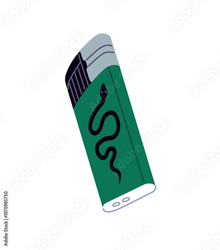 Design of modern green gas lighter with cute pattern of snake. Accessory, fluid equipment for fire. Disposable tool for smoking cigarette. Flat isolated vector illustration on white background.