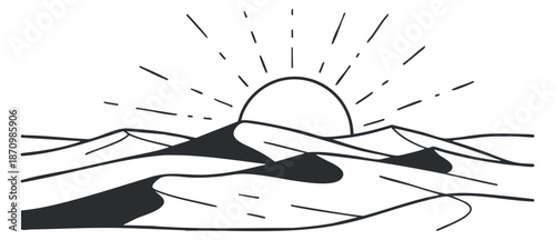 A minimalist outline illustration of a desert landscape with sand dunes and a rising sun, ideal for travel and nature themes