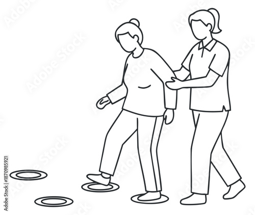 Two people walking together in a supportive manner in a simple outline vector style, ideal for health and wellness projects