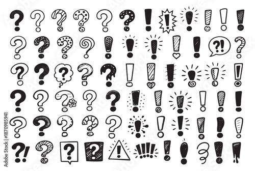 Hand drawn line art symbol set featuring question marks and exclamation points for graphic design