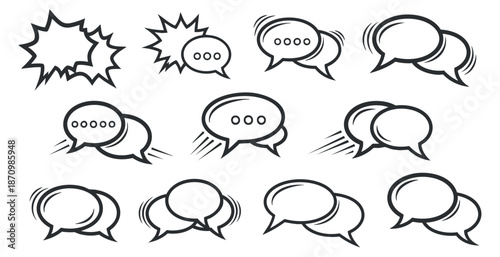 A collection of speech bubbles and comic-style dialogue icons in outline vector style, suitable for communication and design projects