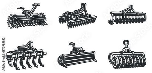 A set of various agricultural machinery icons in black and white vector style, suitable for farming and gardening projects