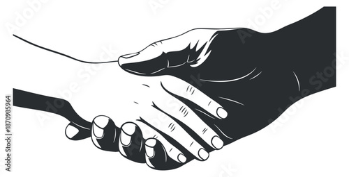 A handshake between two hands in black and white outline vector style, representing partnership and collaboration in business and personal relationships