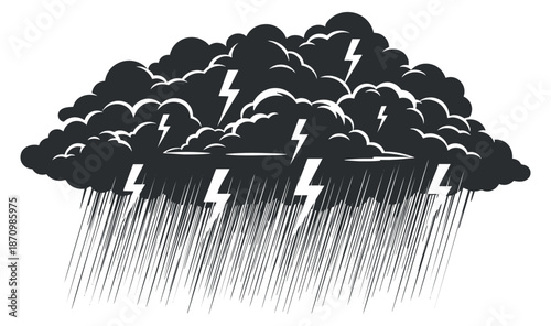 A dramatic storm cloud with lightning bolts and rain in black and white outline vector style, suitable for weather-related designs