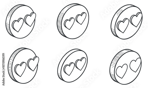 A collection of love-themed coins featuring heart designs in outline vector style, ideal for romantic graphic projects