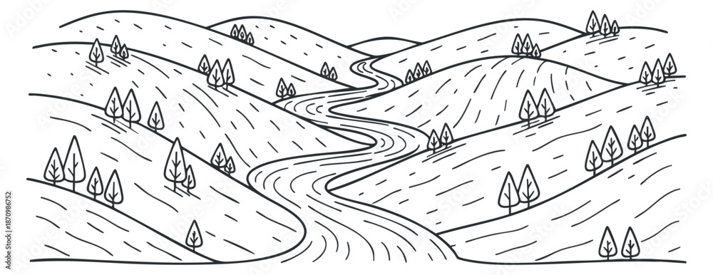 Fototapeta premium A winding river flowing through rolling hills with small trees in outline minimalist vector style, perfect for nature-themed designs