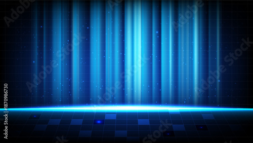 Abstract hi-tech blue background with vertical light beams, digital grid floor and futuristic technology atmosphere