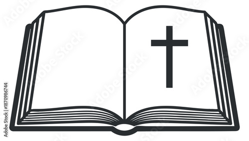 An open book with a cross symbol in minimalist black and white vector style, suitable for religious and educational contexts