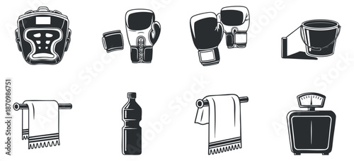A collection of fitness and workout equipment icons including boxing gloves, towel, water bottle, and scale in flat monochrome vector style, suitable for health and fitness branding